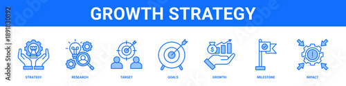 Growth Strategy web banner icon set collection solid style.