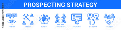 Prospecting Strategy web banner icon set collection solid style.