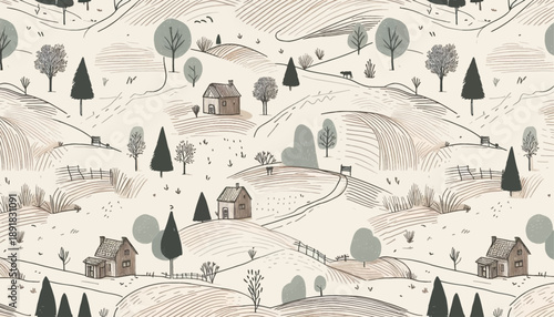 seamless vintage hand drawn sketch vector illustration of a countryside houses and farm fields charm