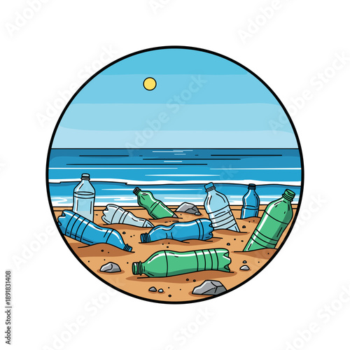 Plastic bottles scattered on beach with sea in background, concept of Climate change  