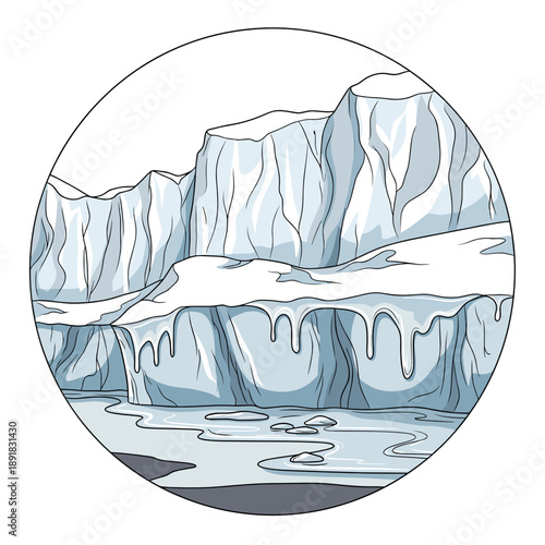 Glacial ice melting into water in a circular illustration depicting climate change  