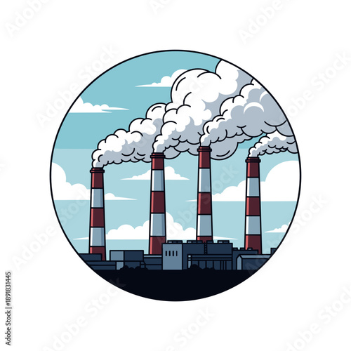 Smoke stacks emitting pollution under cloudy sky representing Climate change  