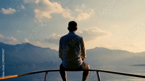 Contemplative young caucasian male watching sunset over serene lake from boat.