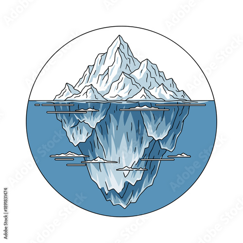 Iceberg floating in ocean with reflection on water surface  