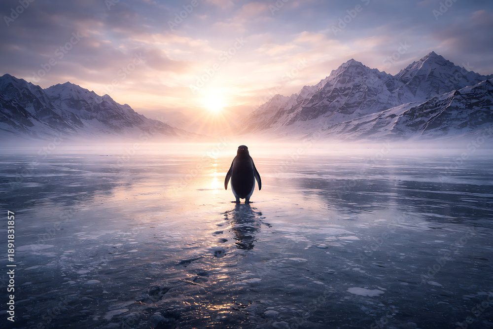 custom made wallpaper toronto digitalLone Penguin's Arctic Odyssey: A solitary penguin stands on a frozen lake, facing a breathtaking backdrop of majestic mountains and a sunlit sky, embarking on its journey. 