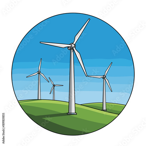 Wind turbines on green hills under blue sky representing Climate change  