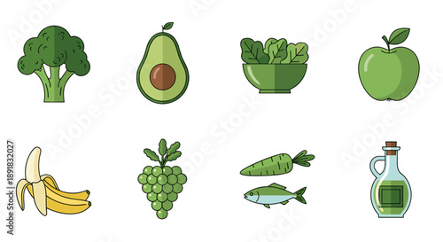 Collection of Fresh Green Fruits Vegetables Fish and Oil.