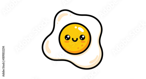 Cute Kawaii Fried Egg Character with Smiling Face.