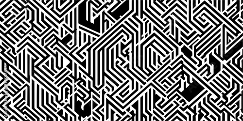 Seamless geometric black and white maze pattern featuring a vector circuit board design with labyrinth lines and electronic technology shapes for a modern square tile wallpaper illustration