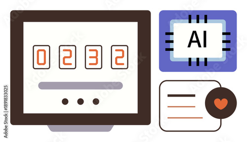 Artificial intelligence, automation, data processing, communication technology, machine learning, innovation. Digital counter on a monitor, AI chip icon and message interface. Artificial