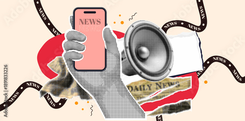 Pop art halftone collage close up hand holding smartphone displaying news with megaphone and torn newspaper bold graphic retro warm lighting