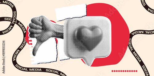 Pop art halftone collage close up of thumbs down in speech bubble with torn paper and social media ribbons red lighting