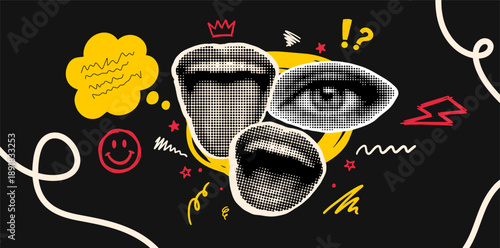 Pop art halftone collage close up of eye and mouth fragments with speech bubble crown and playful doodles on black background
