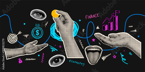 Pop art halftone collage close up of hands exchanging a gold coin with finance icons, neon doodles, and vibrant dark background