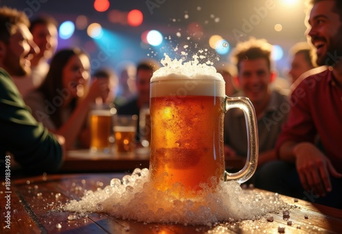 Overflowing Frosty Mug of Cold Suds Barrage at Spirited Sports Pub Craving Game Night