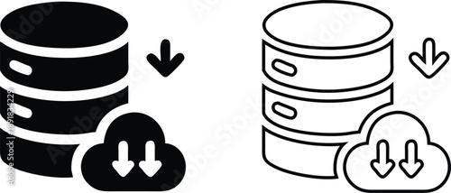 Two simplified icons of databases with cloud symbols indicating downloading flat vector illustration design isolated on a white background