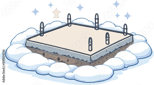 Year's Calm Foundation. Doodle-style vector icon of structural start of the year, flat foundation plate settling into snow without