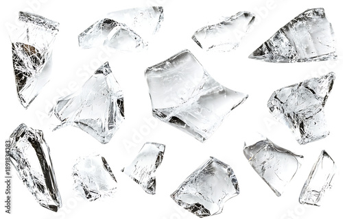 Shattered glass pieces isolated on a transparent background fragments broken
