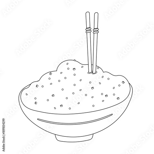 Bowl of rice with chopsticks line art coloring illustration. Simple Asian food icon