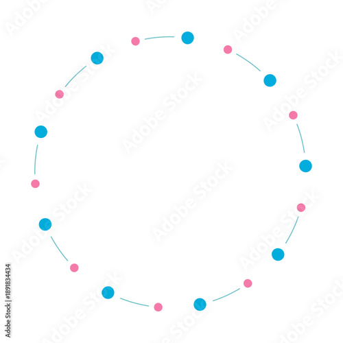 Abstract circular network diagram with connected blue and pink dots. Concept of connection, community, and system