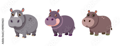 A colorful illustration of three cartoon hippos standing side by side in different shades of gray and purple.