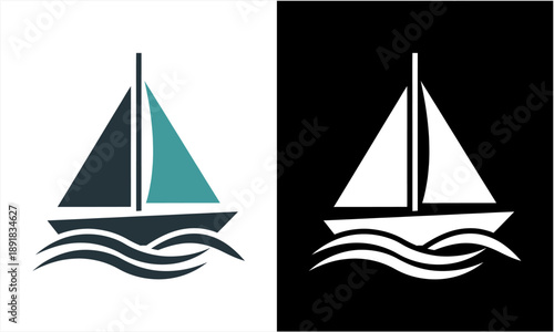 Sailboat icon on water waves, simple graphic design for maritime and travel themes.