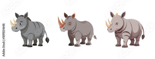 A set of three colorful rhino illustrations in different shades, showcasing a modern and vibrant design style.