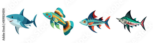 A colorful vector illustration of various fish species swimming together in a flat design style