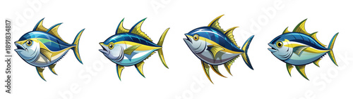 A colorful vector illustration of four tuna fish swimming in a row on a transparent background
