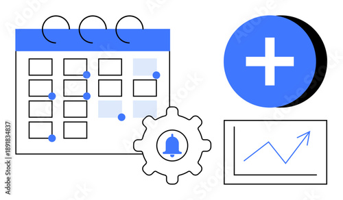 Calendar management concept. Calendar showing dates and schedules, accompanied by notification bell, gear, and data chart to productivity. Perfect for workflow, planning, scheduling, productivity