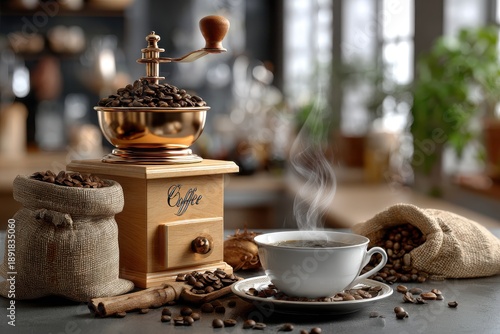 Coffee grinder with a copper lid, a sack with coffee beans and coffee cup.