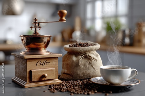 Coffee grinder with a copper lid, a sack with coffee beans and coffee cup.