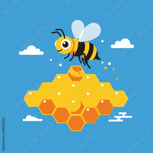 Bee flying over honeycomb stack.