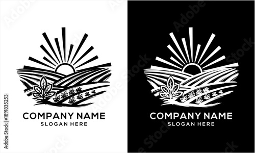 Sunrise over agricultural fields with crops and plants, vintage farm logo design.