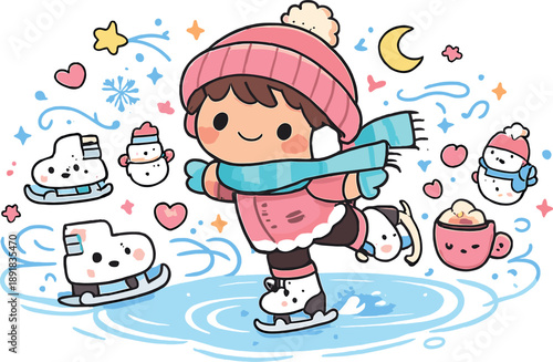 Cheerful Skating Doodle. Adorable doodle skating composition featuring a cheerful character gliding on ice, cute ice skates with