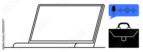 Remote work, digital communication, business technology, online meetings, virtual collaboration, work from anywhere. Image shows a laptop with a briefcase and speech bubble. Remote work and digital
