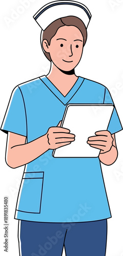 A female nurse in blue scrubs and a cap holding a clipboard and pen