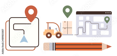 Supply chain logistics, delivery systems, inventory management, route planning, warehouse operations, transportation. Map with location pins, forklift warehouse grid. Logistics and delivery systems