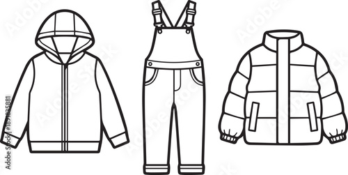 Kids winter apparel collection including hooded coat denim overalls and puffer jacket art