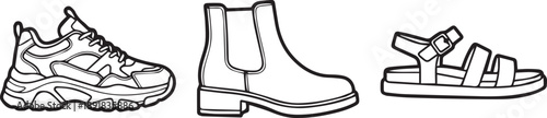 Set of three linear icons of different mens or womens shoes sneakers boots and sandals