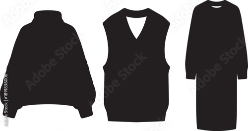 Set of black silhouette clothes including a sweater, a vest, and a dress on a background