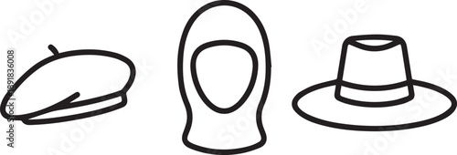 Set of headwear outlines including a beret a balaclava and a wide-brimmed hat
