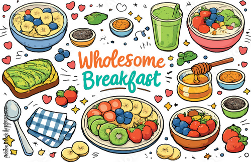 Wholesome Breakfast Array. Wholesome breakfast choices featuring oatmeal bowl, avocado toast, smoothie glass, yogurt bowl, fruit