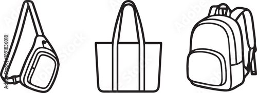 Set of three linear icons of different mens or womens bags sling bag tote bag and backpack