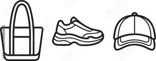 Set of fashion accessories including a tote bag a pair of sneakers and a baseball cap