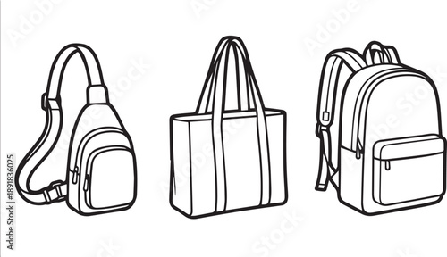 Set of three linear icons of different mens or womens bags sling bag tote bag and backpack