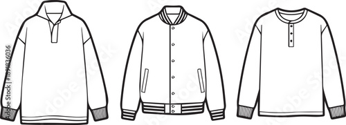 Set of three linear icons of different mens or womens clothing sweatshirt jacket and henley