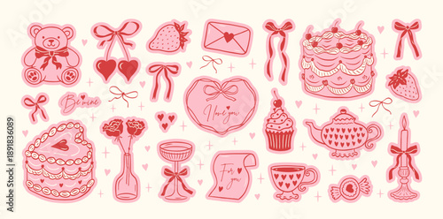 Hand drawn coquette pink sticker set for Valentines day, wedding invitation, birthday card. Cute girly bows, ribbons, cherry, cake, toy bear, cocktail, rose, strawberry. Vintage vector illustration.