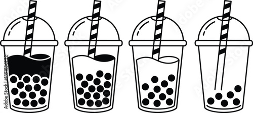 Bubble tea consumption stages — black and white cartoon cups with tapioca pearls and straws for food illustration and beverage design