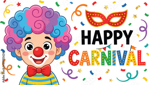 Carnival clown with colorful confetti and festive mask — perfect for celebration posters, party invites, and playful event illustrations